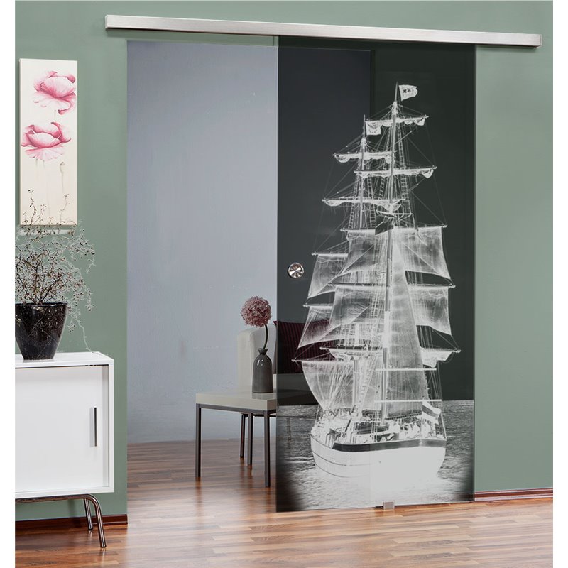 Glasschiebetür SLIM-LINE Segelschiff II Gelasert Auf Grauglas Glasschiebetür SLIM-LINE Segelschiff II Gelasert Auf Grauglas