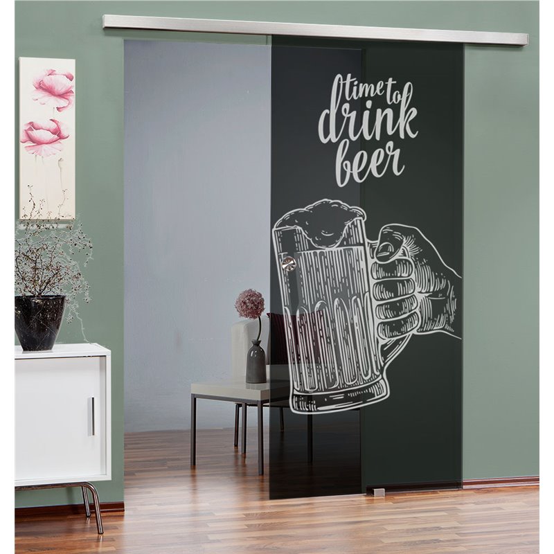 Glasschiebetür SLIM-LINE Time to drink beer Gelasert Auf Grauglas Glasschiebetür SLIM-LINE Time to drink beer Gelasert Auf Grauglas