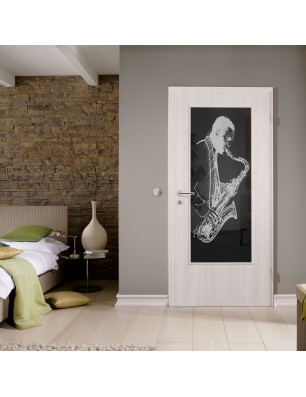 Lichtausschnitt Saksofonist Gelasert Auf Grauglas