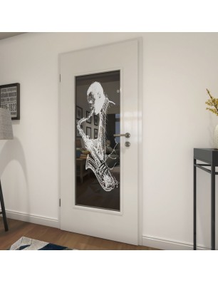 Lichtausschnitt Saksofonist Gelasert Auf Grauglas