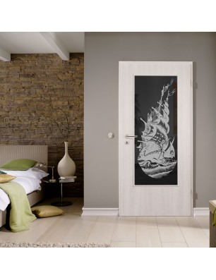 Lichtausschnitt Segelschiff Gelasert Auf Grauglas