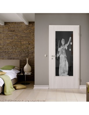 Lichtausschnitt Justitia Gelasert Auf Grauglas