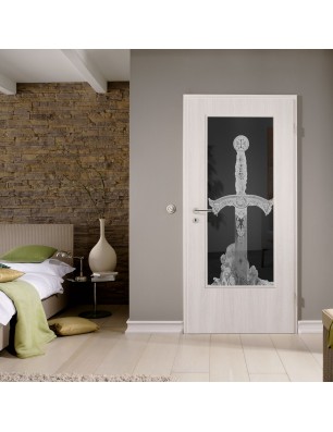 Lichtausschnitt Excalibur Gelasert Auf Grauglas