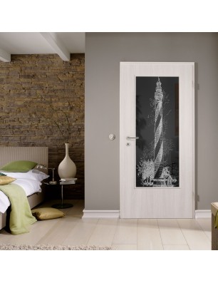 Lichtausschnitt Leuchtturm Gelasert Auf Grauglas