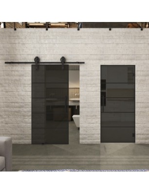 Pendeltür Loft Schwarzlack 01 Auf Grauglas-modernes Zuhause
