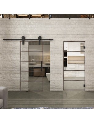 Pendeltür Loft Rosteisen Genietet 01 Auf Klarglas