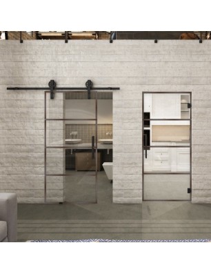 Pendeltür Loft Rosteisen Genietet 02 Auf Klarglas