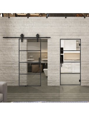 Pendeltür Loft Schwarzeisen Genietet 02 Auf Klarglas