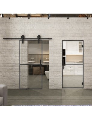 Pendeltür Loft Schwarzeisen Genietet 04 Auf Klarglas