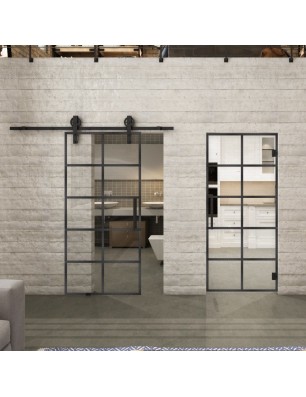 Pendeltür Loft Schwarzeisen Genietet 05 Auf Klarglas