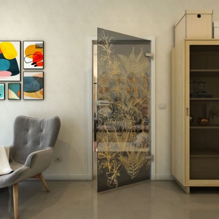 Ganzglastür - Fineprint Model 080 Gold auf Grauglas