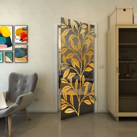 Ganzglastür - Fineprint Model 099 Gold auf Grauglas